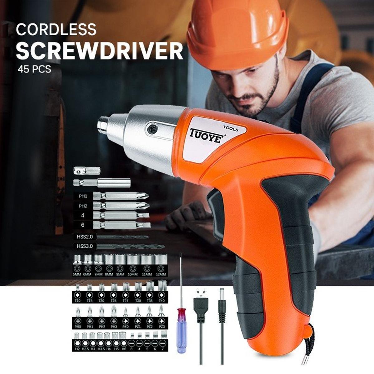45 Pieces Cordless Screwdriver Set with LED Light (P00522)