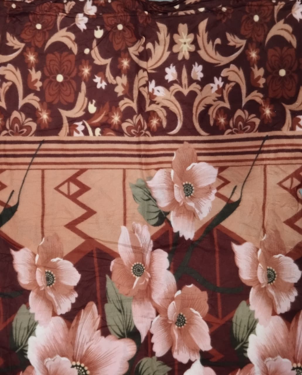 6├â┬ù5 Brown & Pink Floral Patterned Fleece/Mink Blanket