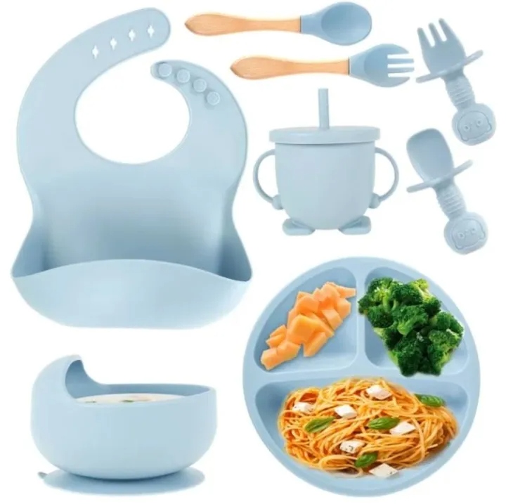 Baby Feeding Set, 8 Pcs Silicone Baby Led Weaning Supplies Includes Cup Baby Plate, Bowl, Adjustable Bib, Cup, Spoon and