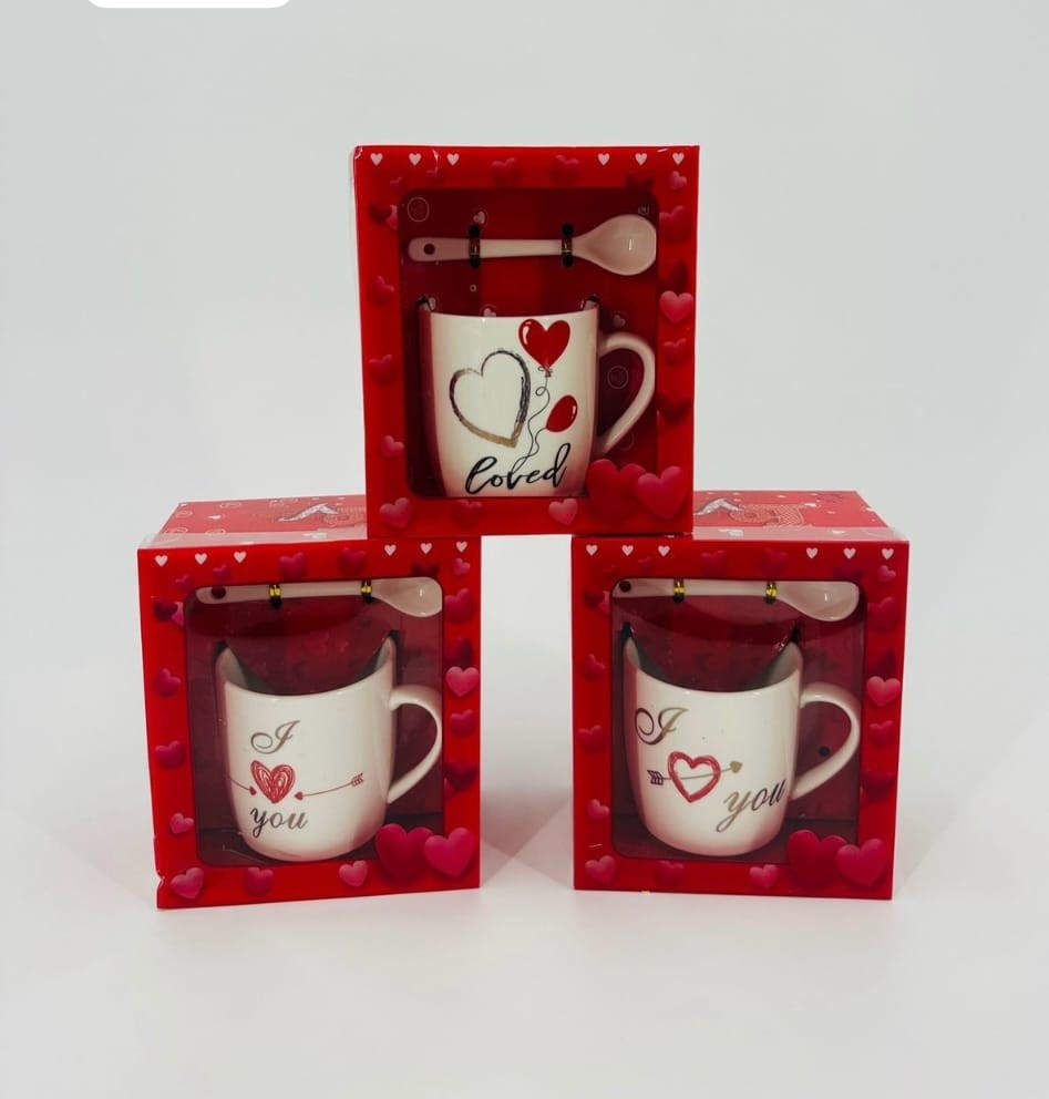 Valentine's-themed "I Love You" ceramic couple mug gift sets with spoons