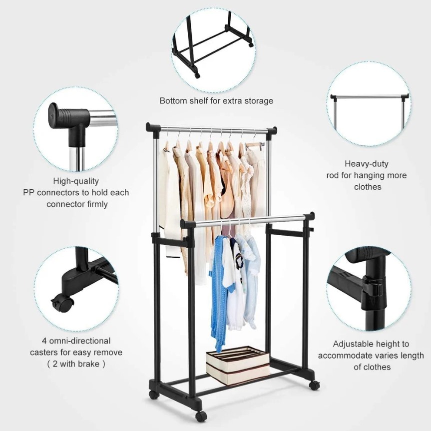 Double Pole Portable Clothing Hanging Garment Rack Laundry Drying Hanger with Wheels Steel Pole Telescopic Clothes , Fordable Single and Stand