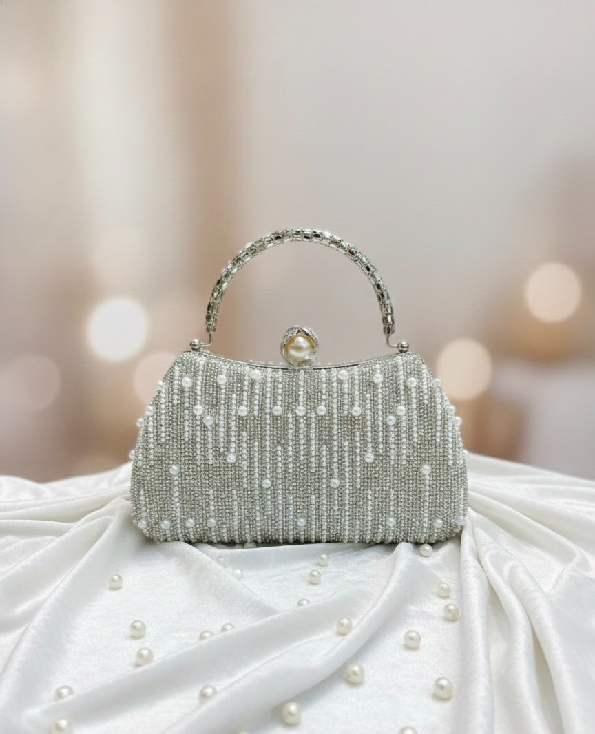 Bridal Wedding Satin Clutch Purse with Pearl Design ΓÇô Gold & Silver Box Style Bag for Women & Girls
