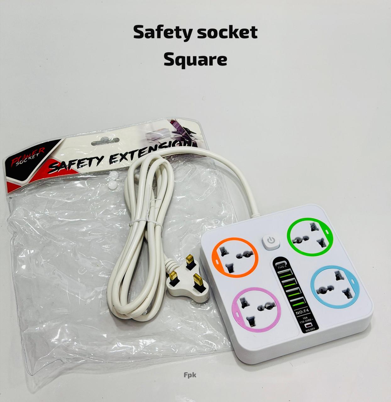 square-shaped power strip featuring four colored universal sockets