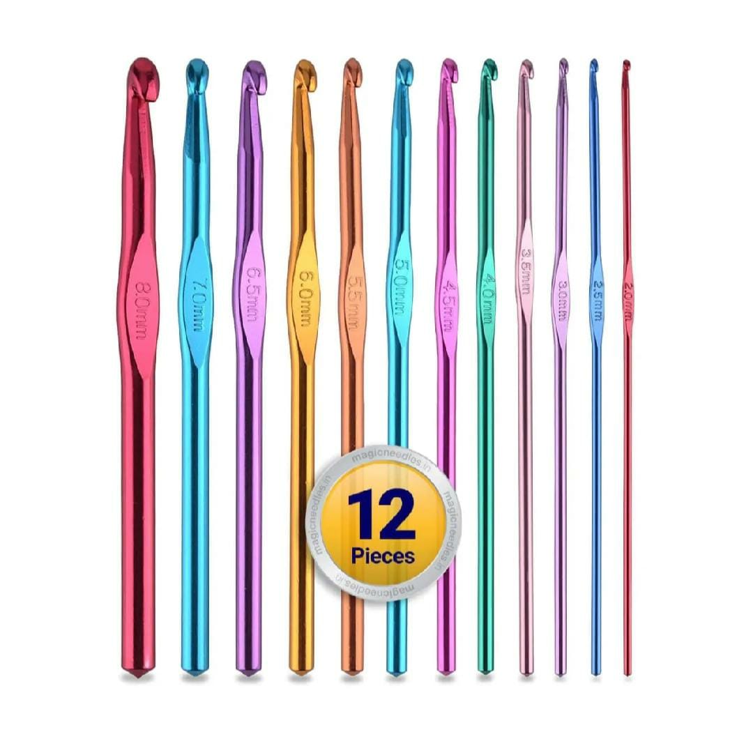 Crochet Hooks Set - 12pcs ( 2mm to 8mm ) Premium Knitting Needle Multicolor Aluminium Set