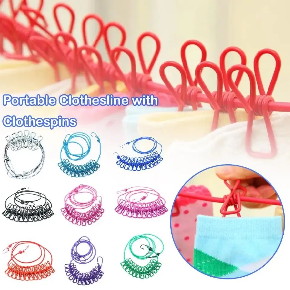 Cloth Drying Rope | Cloth Line Rope | Portable Drying Rope with 12 Clips and 2 Hooks | Drying Rope Portable Clothesline with 12 Clothespins, Windproof