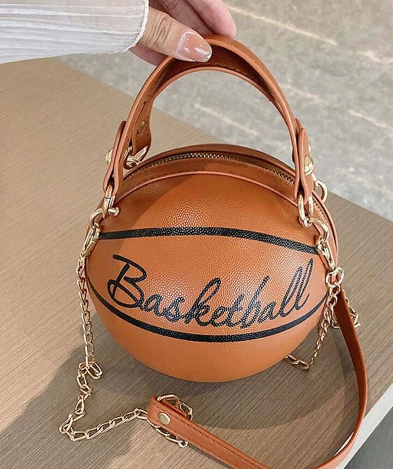 Cute Basketball Shaped Crossbody Bag, Trendy Chain Shoulder Bag, PU Leather Top Handle Circle Purse handbags women bag