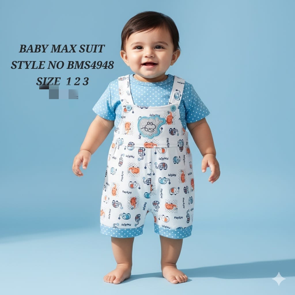 Baby Max Suit BMS9498 Boy Overalls Set Size 1-2-3 Cute Animal Print, Adorable Baby Boy Blue Dungarees Romper Suit Set Si