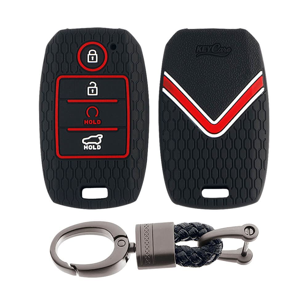 Keycare├é┬« Silicone Key Cover and Keyring Compatible for Sonet, Seltos 2020, Carens 4 Button Smart Key (Push Button Start Models) (Black with Alloy K