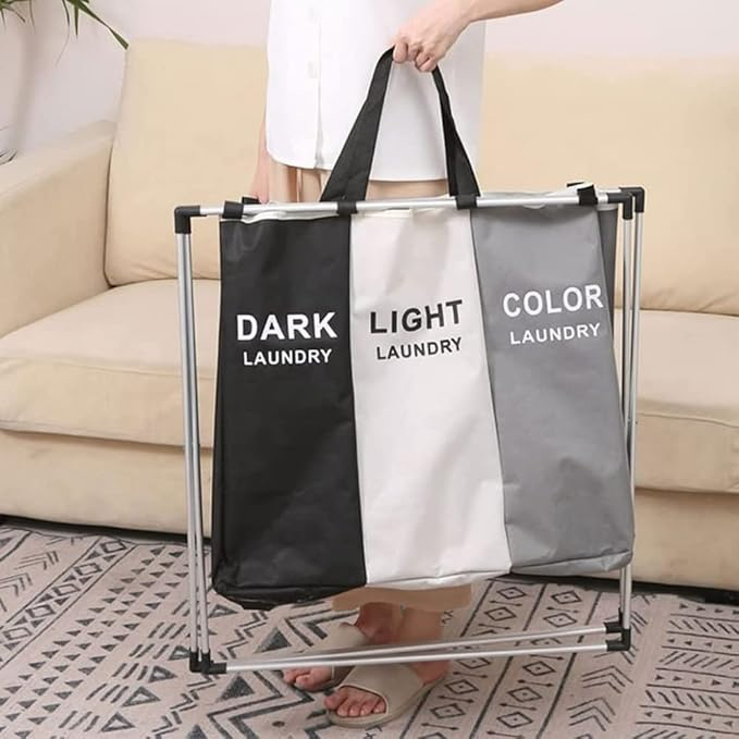 Laundry Basket 3 Sections Laundry Basket Laundry Hamper Clothe Sorter Bin Foldable Waterproof Organizer Bag with Aluminum Frame (137L)
