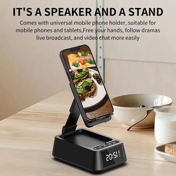 3 In 1 Wireless Bluetooth Speaker With Alarm Clock & Phone Holder