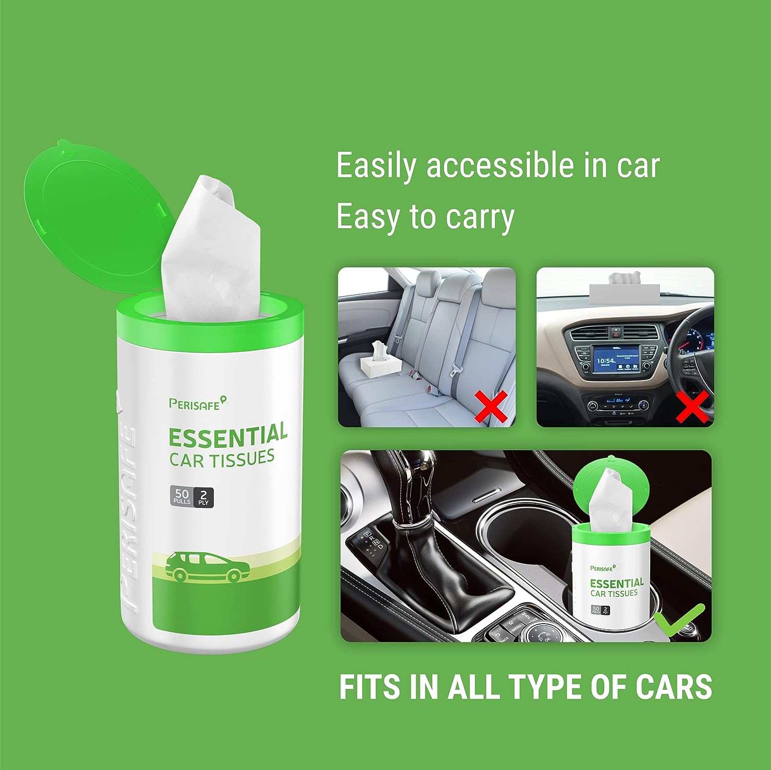 Perisafe Essential Car Tissues Pack of 5 (50 pulls 2 ply├ó┬Ç┬ô250 pulls) | Fits in all type of Car Cup Holder| Easily Accessible |Soft, Eco friendly &